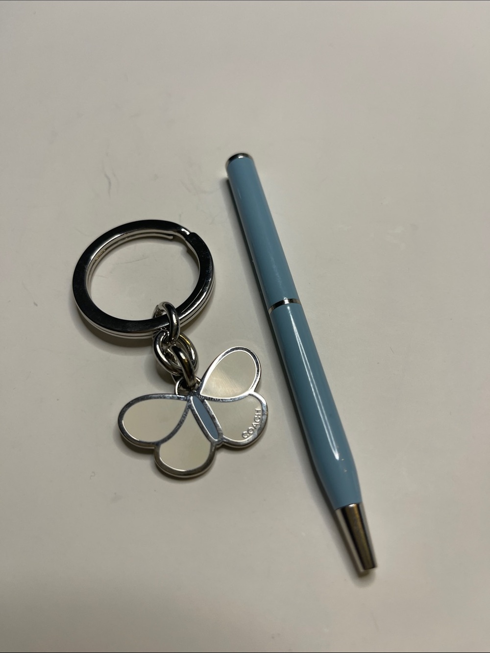Coach White & Light Blue Butterfly Keychain and Blue Coach Pen - Picture 2 of 6